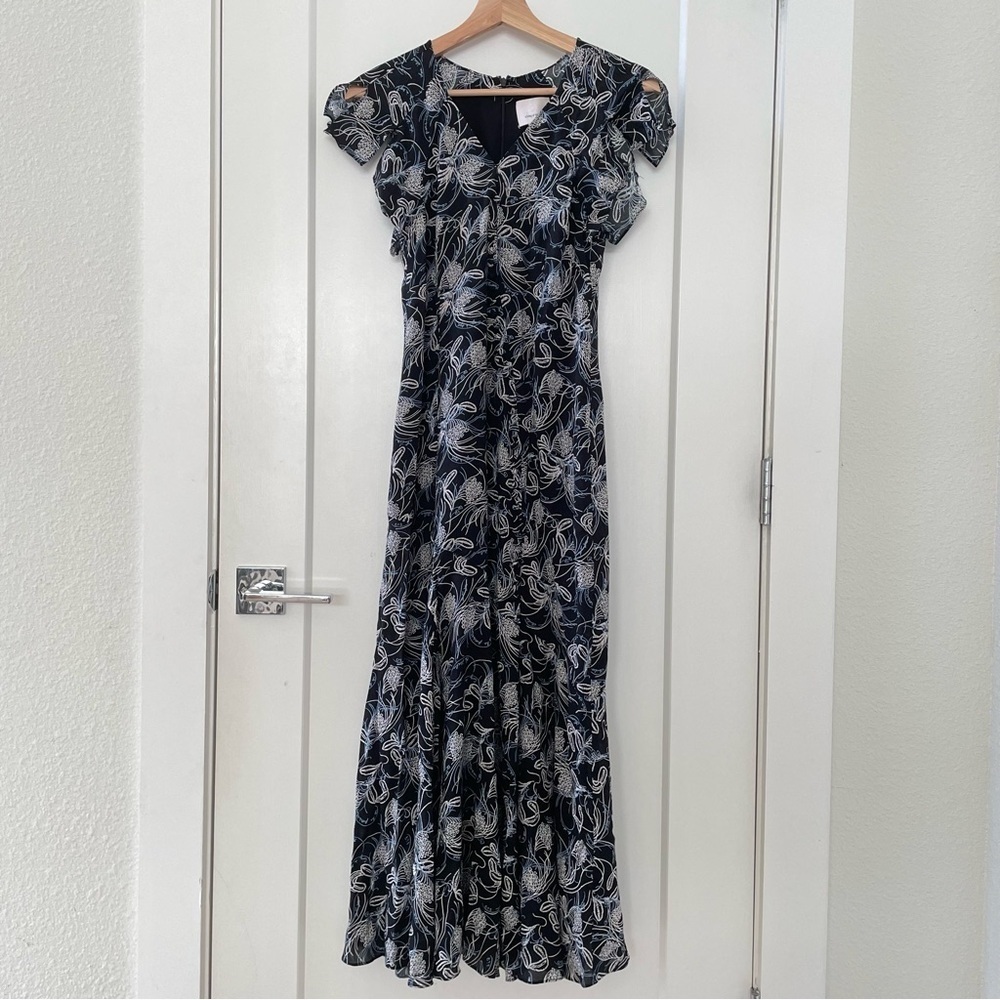 Cinq A Sept Size 4 Black Blue Button V-Neck Maxi Lisette Dress Size 2